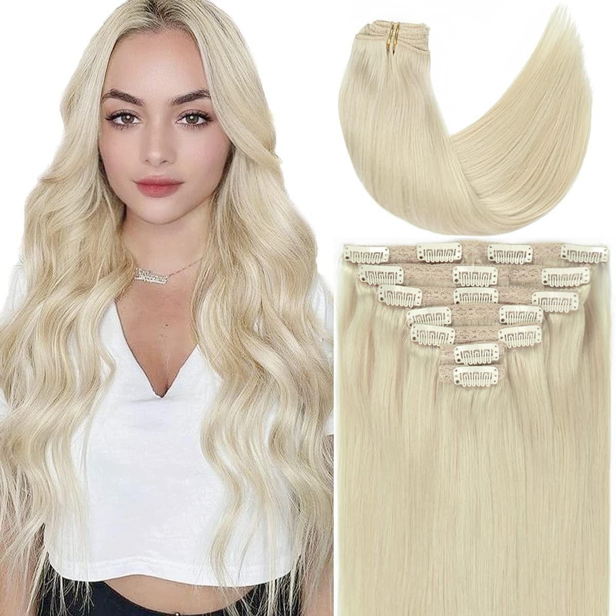 Caliee 14 Inch Clip In Hair Extensions Human Hair Color 60A Platinum Blonde