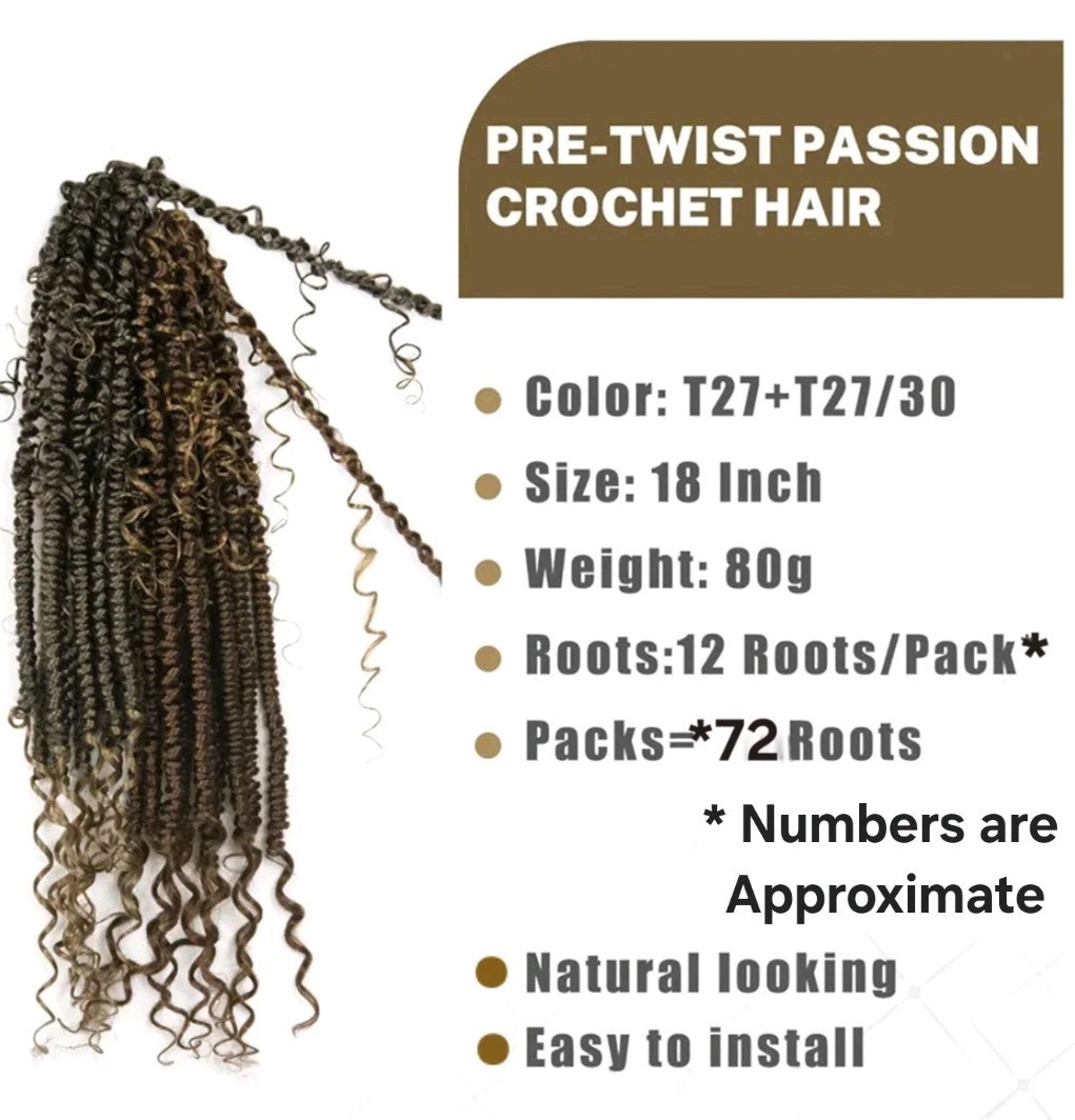 Pretwisted Passion Twist Hair with Curly ends T27 – 18in – 72 Roots – PreLooped
