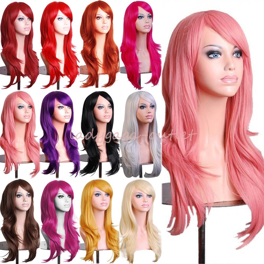 Rainbow Ombre Hair Wig Long Curly Wavy Women Lady Pastel Cosplay Dress Full Wigs