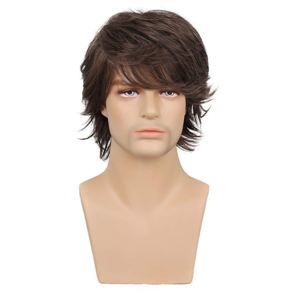 Men Short Brown Wig Natural Fluffy Synthetic Hair Wig Heat Resistant for Cosplay