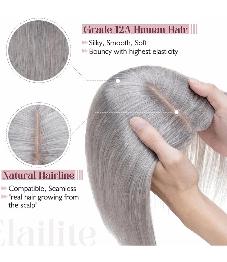 14in Topper For Thinning Hair 5.1×2.8″ Silk Base Clip in Remy Hairpiece Grey Cl3