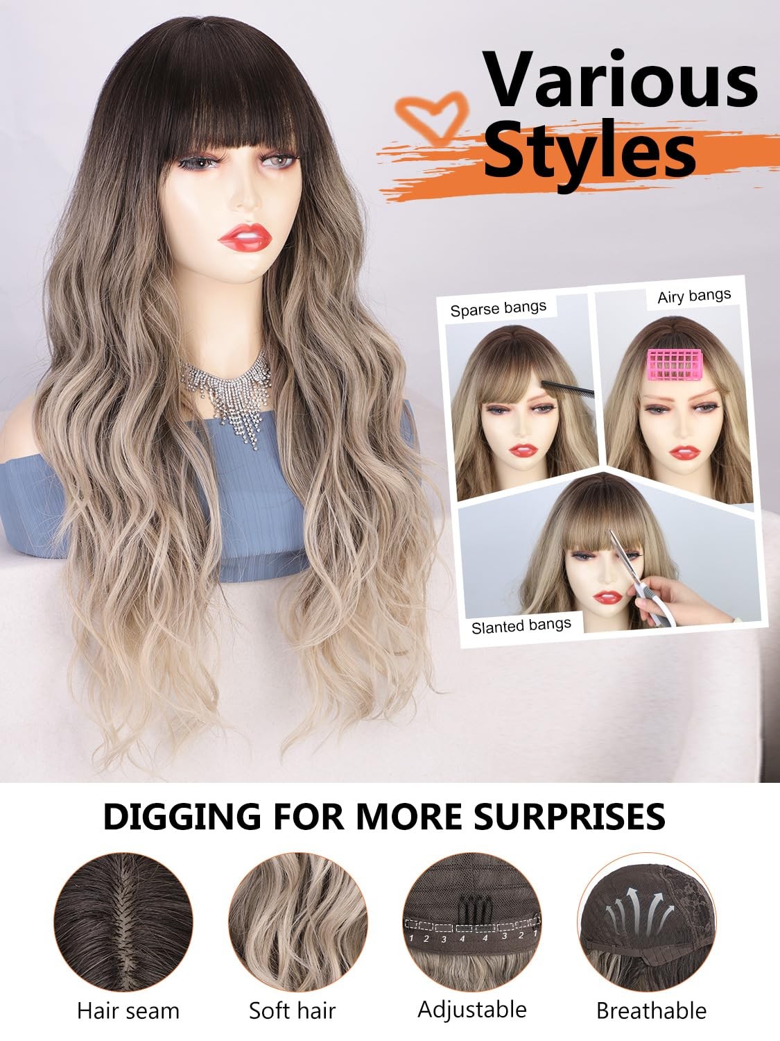 26 Inch Curly Wavy Wig with Bangs Synthetic Hair for Women Natural Looking Ha…
