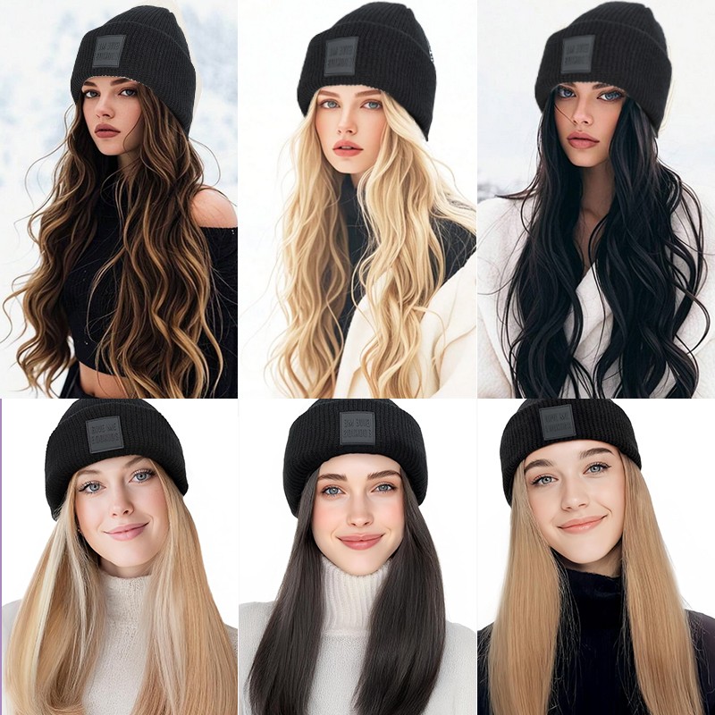 Fashion Lady Beanie Hat Wig Winter Knitted Hat with Long Wavy Hair Synthetic 18″