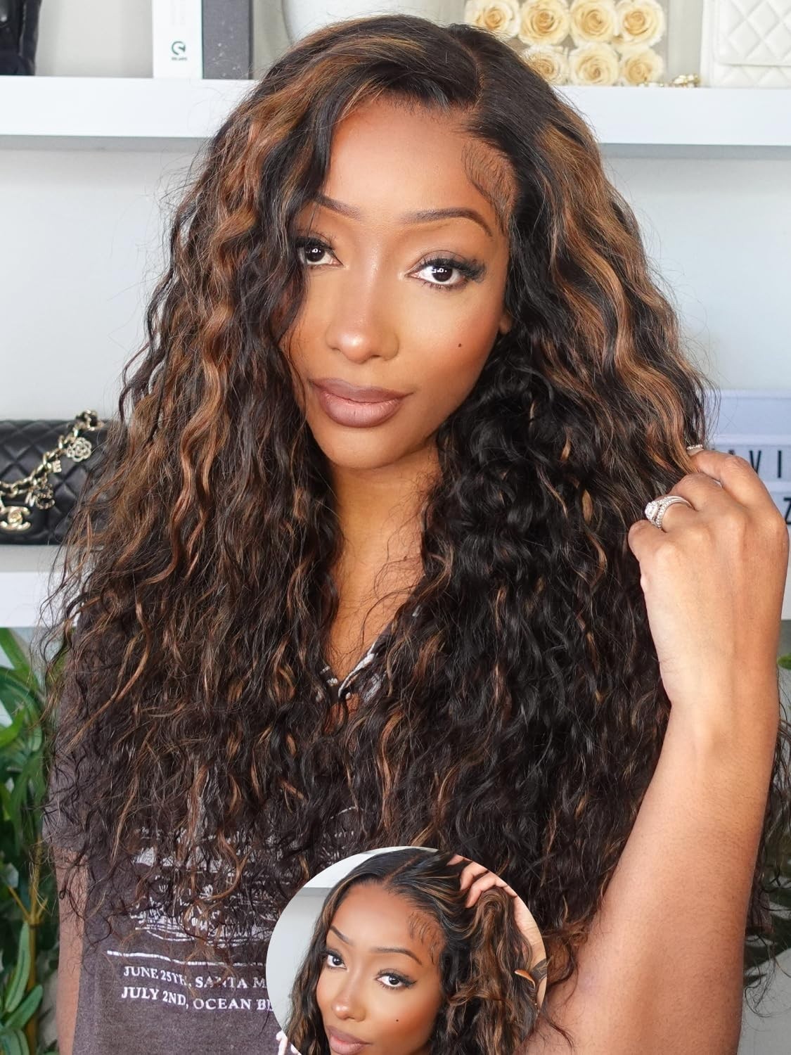 Golden Brown Highlight Deep Wave 22″ HD Lace Closure Glueless Wig, Pre-Plucked,