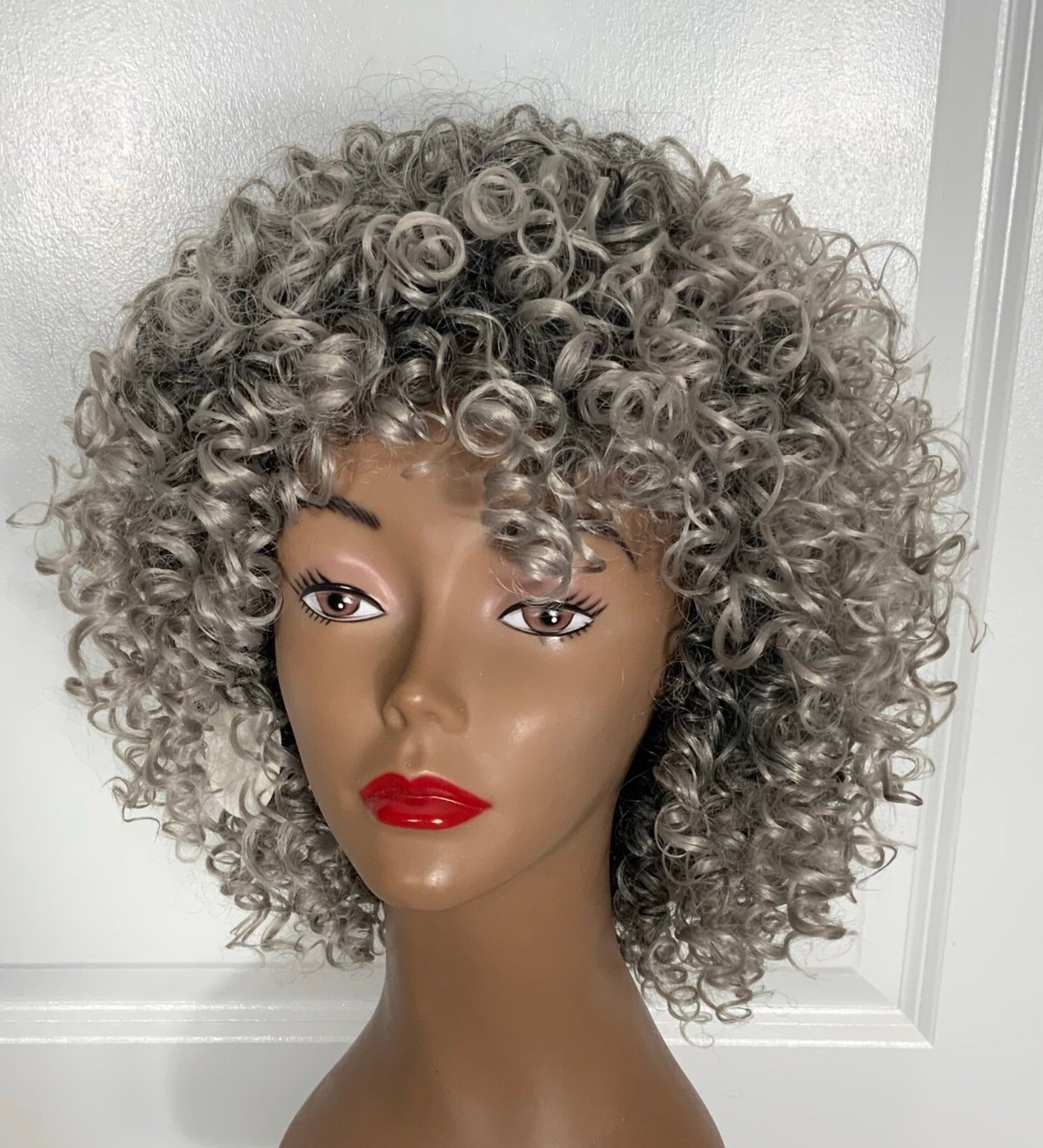 NEW Synthetic Wig Silver Rooted All-Over Spiral Curls MidLength Sz Average 8-18