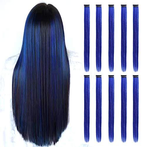 Blue Hair Extensions Clip in, 22 Inch 10 Pcs 22 Inch (Pack of 10) 10PCS-Blue