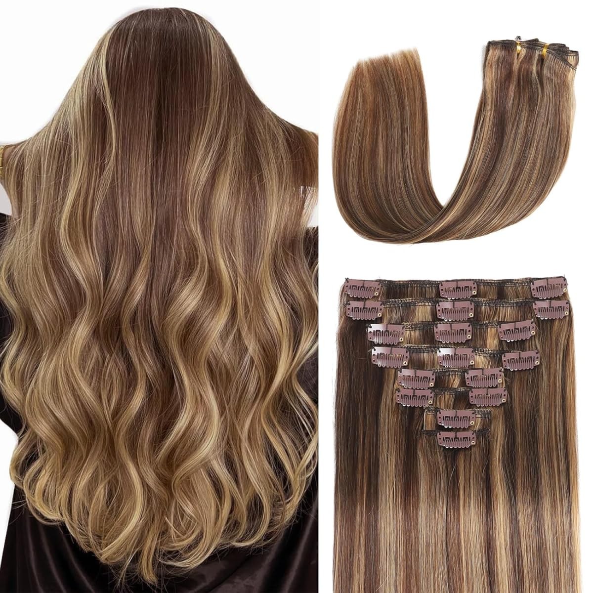 Tebelove Clip In Hair Extensions Real Human Hair 3.6Oz/100G Clip Ins 100 Human