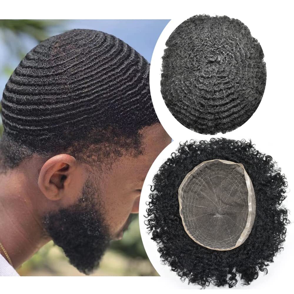 Full Lace Afro Curl Mens Toupee African American Human Black Hair Curly Systems