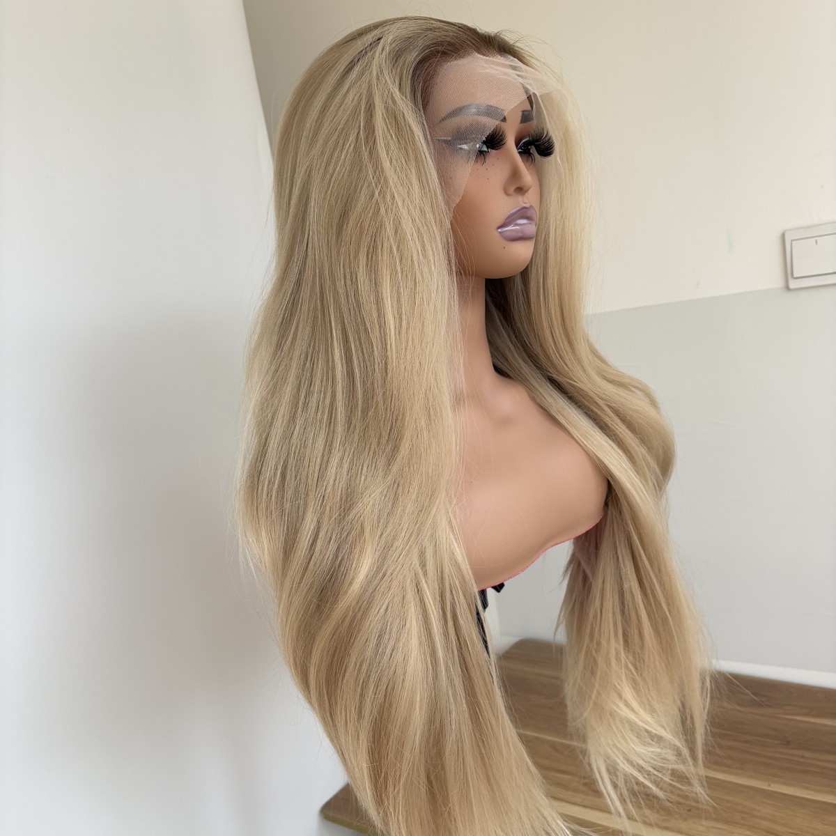 Brown Blonde Heat Resistant Synthetic Hair Long Straight Frontal Lace Wig