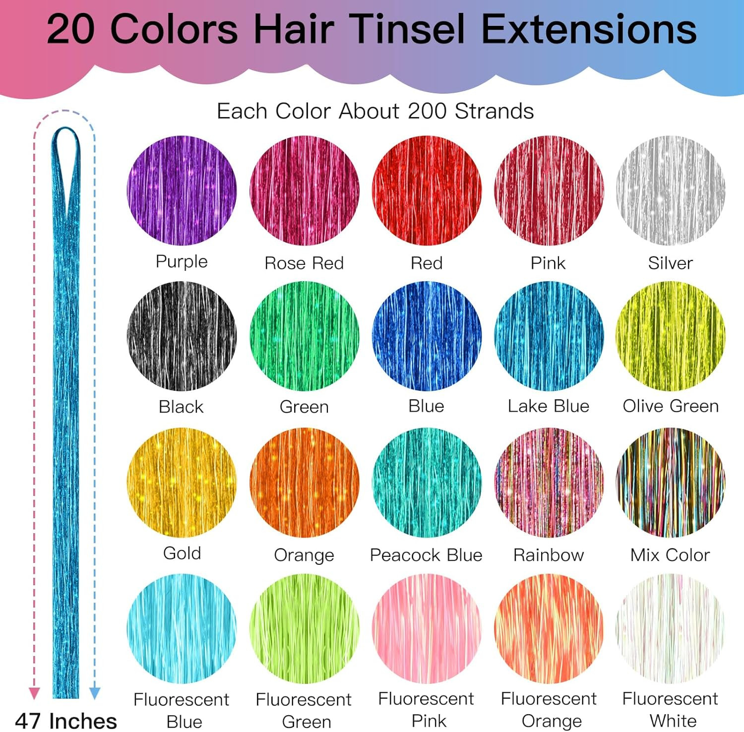 20 Colors Hair Tinsel Kit with Tools 4000 Strands 47 Inches Tinsel Hair Extensio