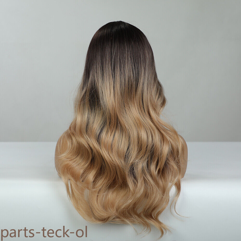 Fanshion Long Wavy Ombre Brown Light Blonde Synthetic Wigs for Women Hair Wig US