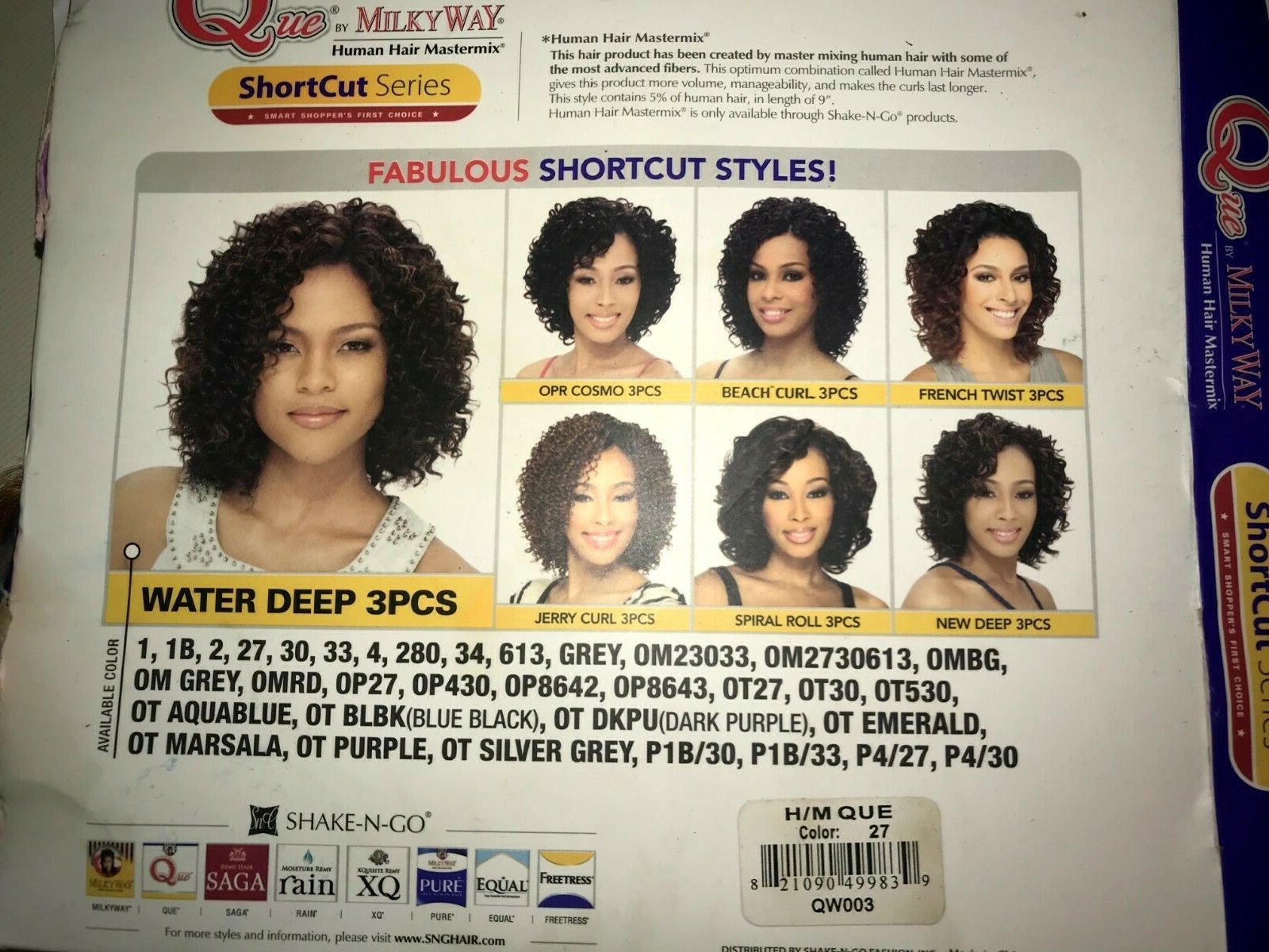 NEW NIP 2 pc QUE by MILKY WAY SHORT CUT HUMAN HAIR PIECE WIG NO. 27 WATER DEEP