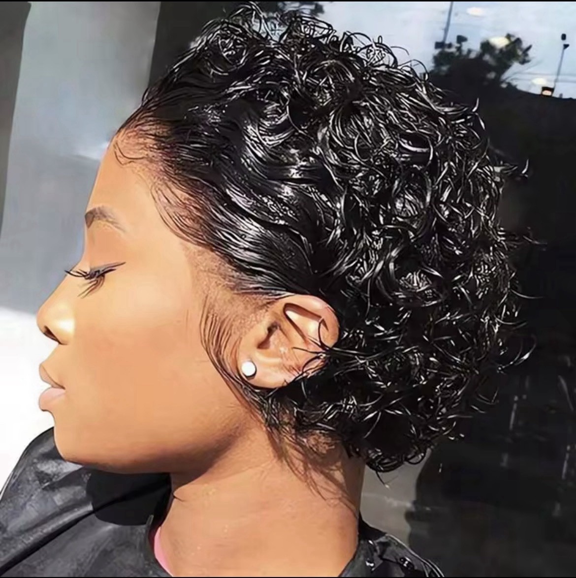 Women Human Hair Lace Front Curly Bob Wig Short Black Glued Attachment