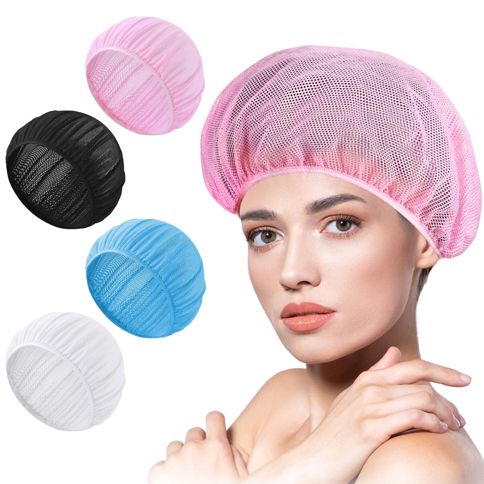 Dimeho 4 Pcs Mesh Sleep Bonnets Night One Size, Black/White/Pink/Blue
