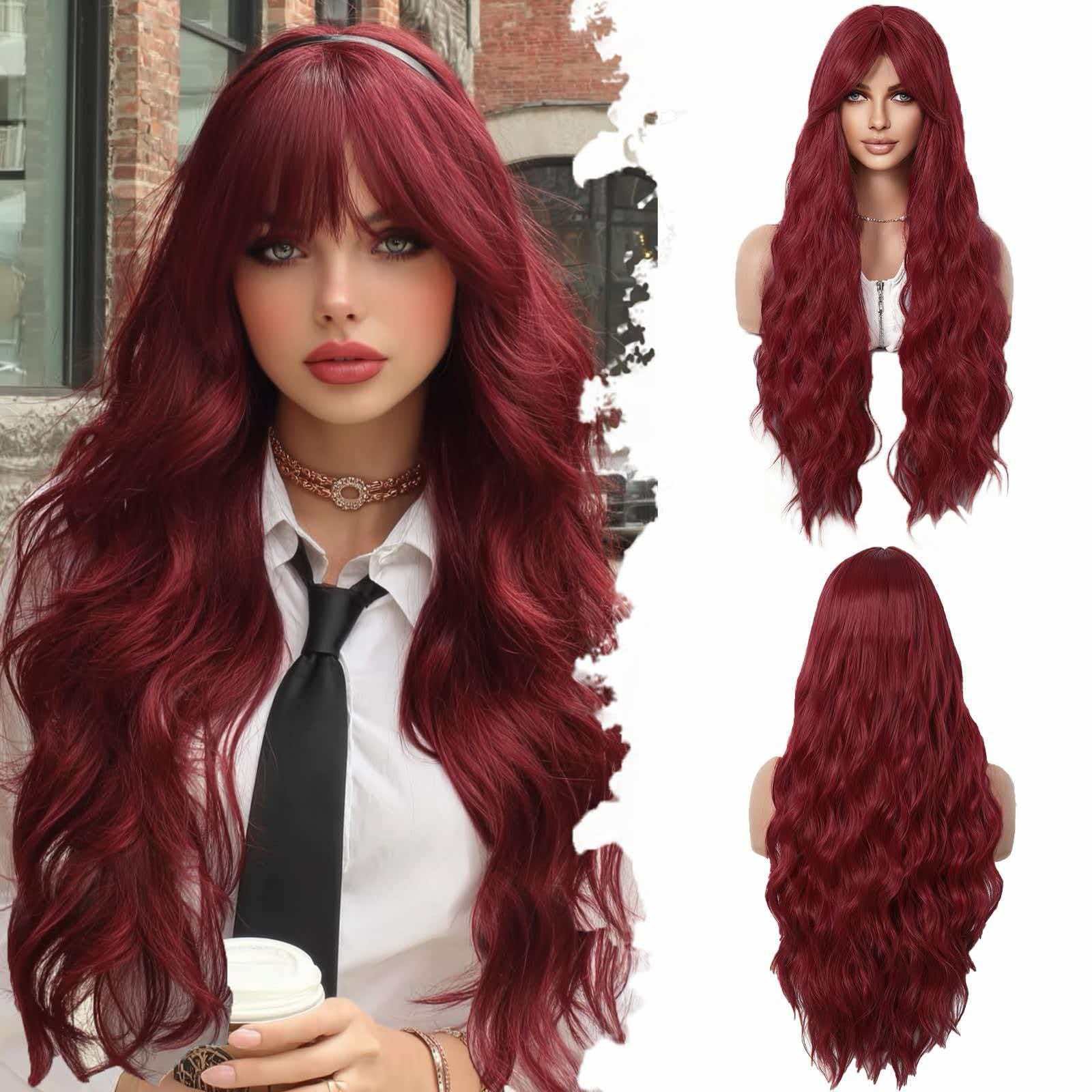 Rose Red Wavy 30in Long Wig for Women Heat Resistant Synthetic Cosplay Party