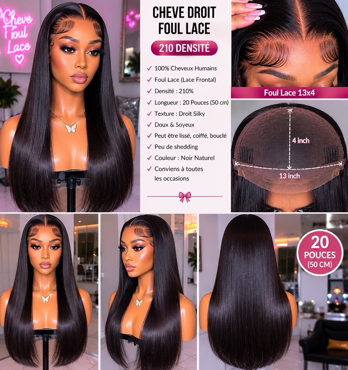 Women’s Full Lace Human Hair Wig Straight Black Lace Attachment 20 in