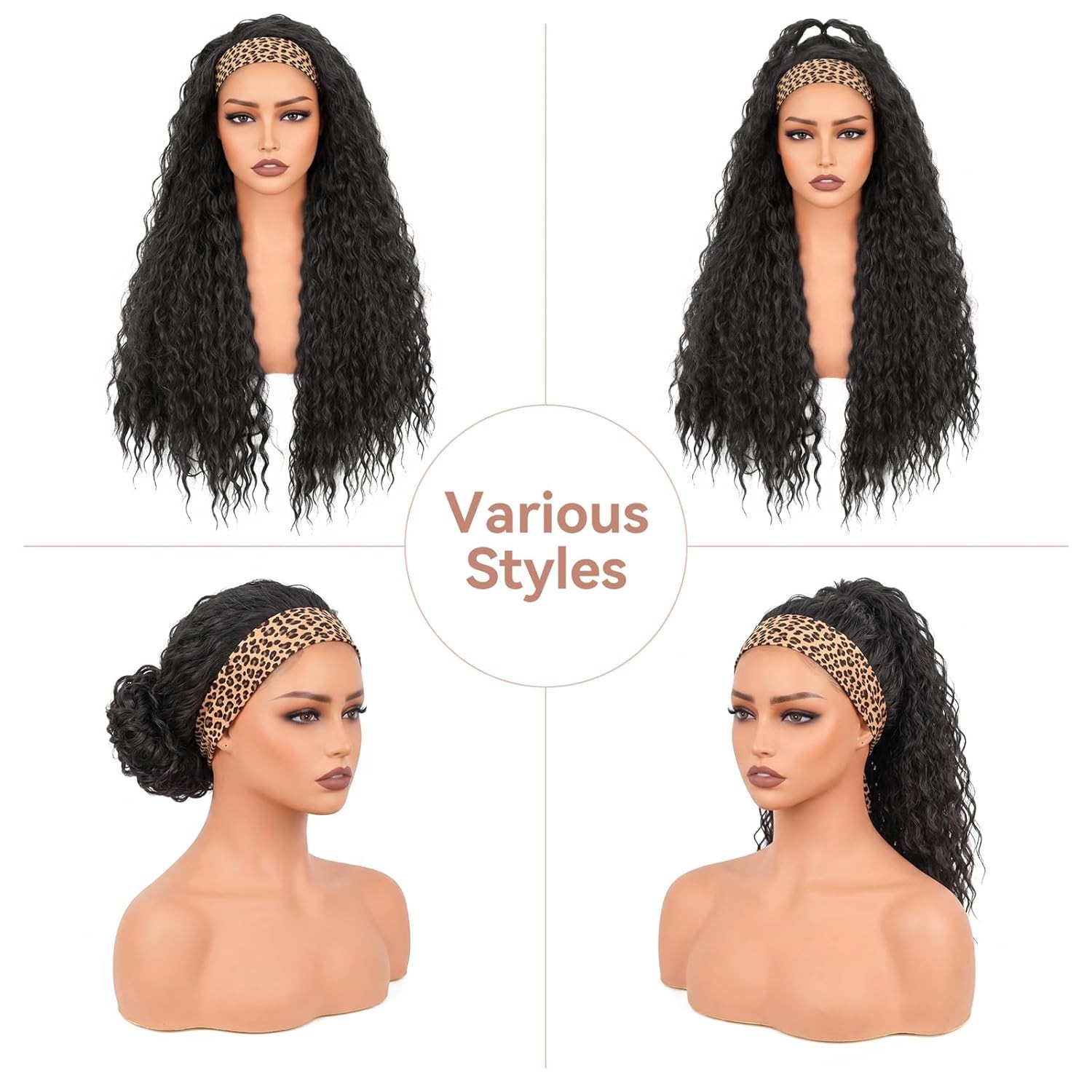 Curly Headband Wig for Women, Long Curly Deep Wave Glueless Wig 26 Inches Long