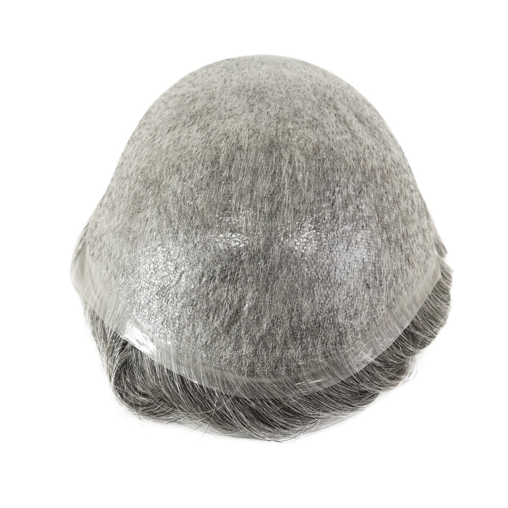 Mens Toupee Human Hair Replacement System Ultra 0.03mm Thin Skin Grey Hairpiece
