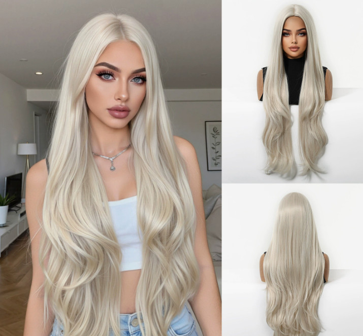32 Inches Wavy Bouncy Middle Part Pale Blonde Synthetic Fiber Heat Ok Wig Women