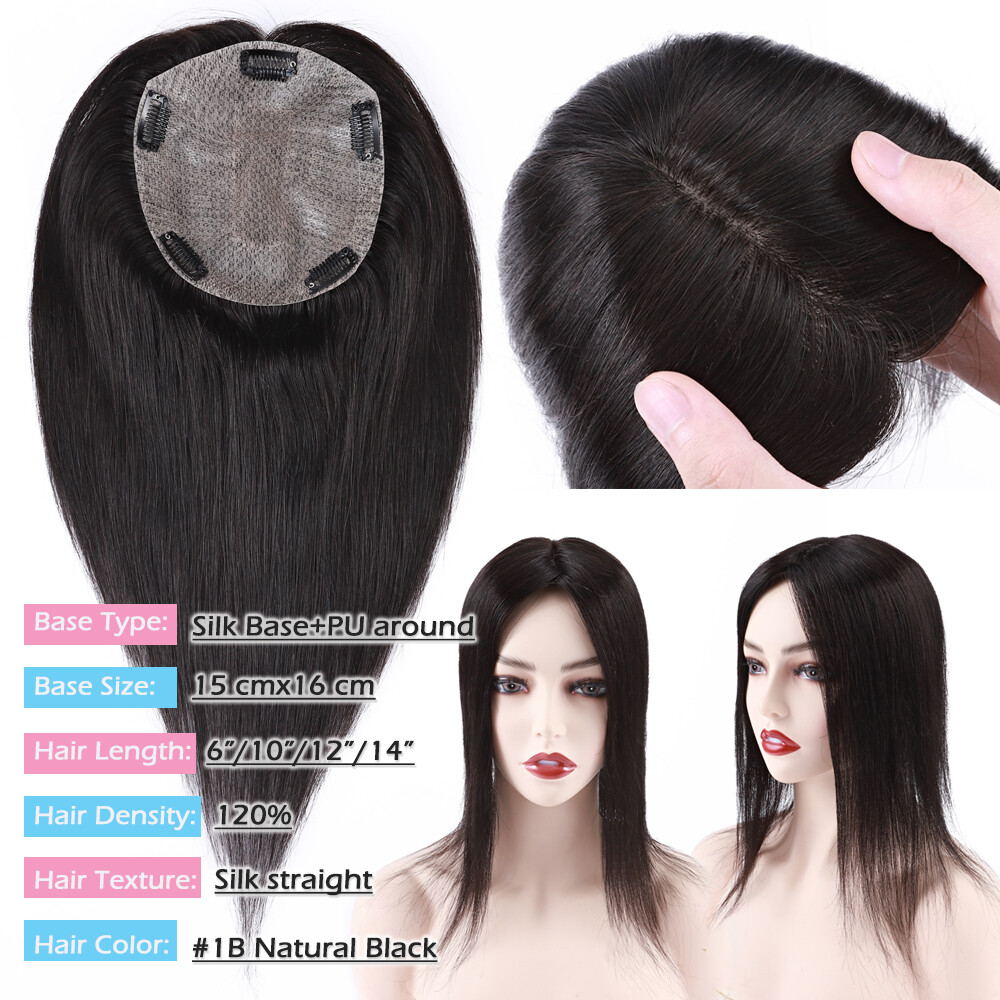 Human Hair Topper Hairpiece Clip in Wig Russian Remy Top Piece Toupee Women 18″