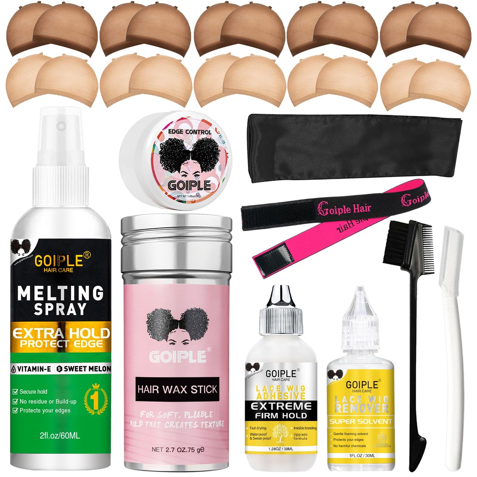 Wig Accessory Essentials Kit Lace Front Wig Glue & Remover Wig Caps Elastic
