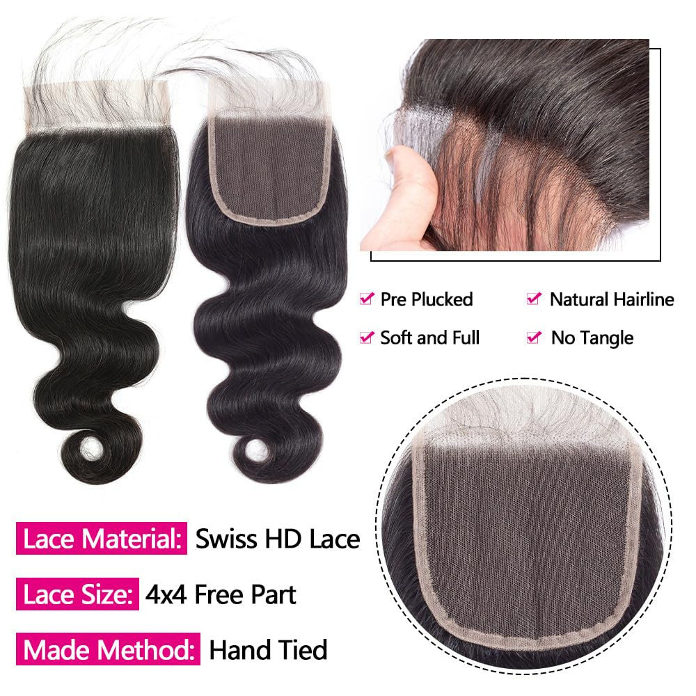 12A Human Hair Bundles with Closure 16 18 20 with 14 Inch Brazilian Body Wave 3