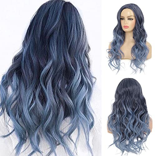 Long Curly Wavy Ombre Blue Wigs for Women Synthetic Natural Middle Part Daily…
