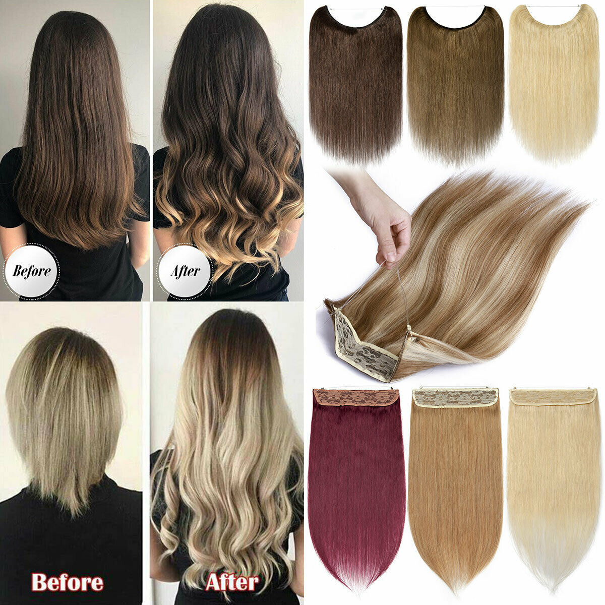 Russian AAAA+ Thick Wire In Remy Human Hair Extensions Hidden Headband One Piece