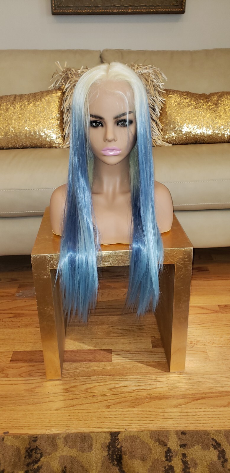 Long Front Lace Wig – Human Hair Blend – Blue Balayage Rainbow Multicolor silk