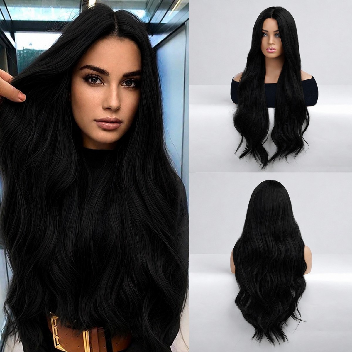 Halloween Long Wavy Black Synthetic Hair Heat Resistant Costume Wigs