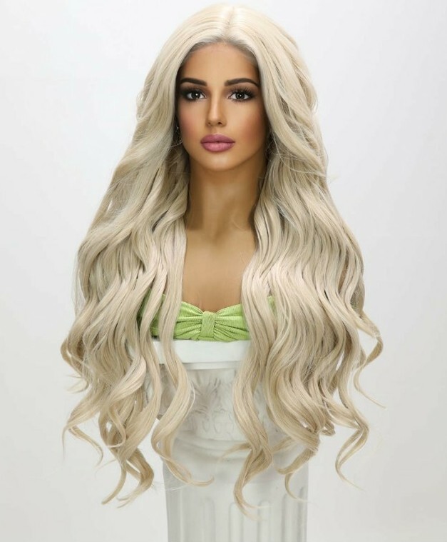 HD Lace Front Wig Light White Blonde Long Layer Human Hair Blend Highlights 30