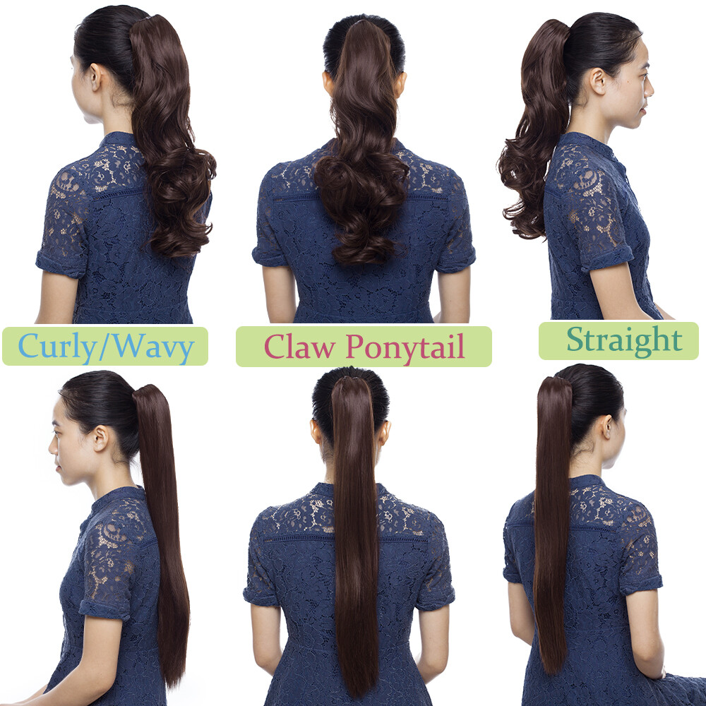 Long Wavy Curly Straight Synthetic Clip In Hair Extensions Claw on Ponytail US