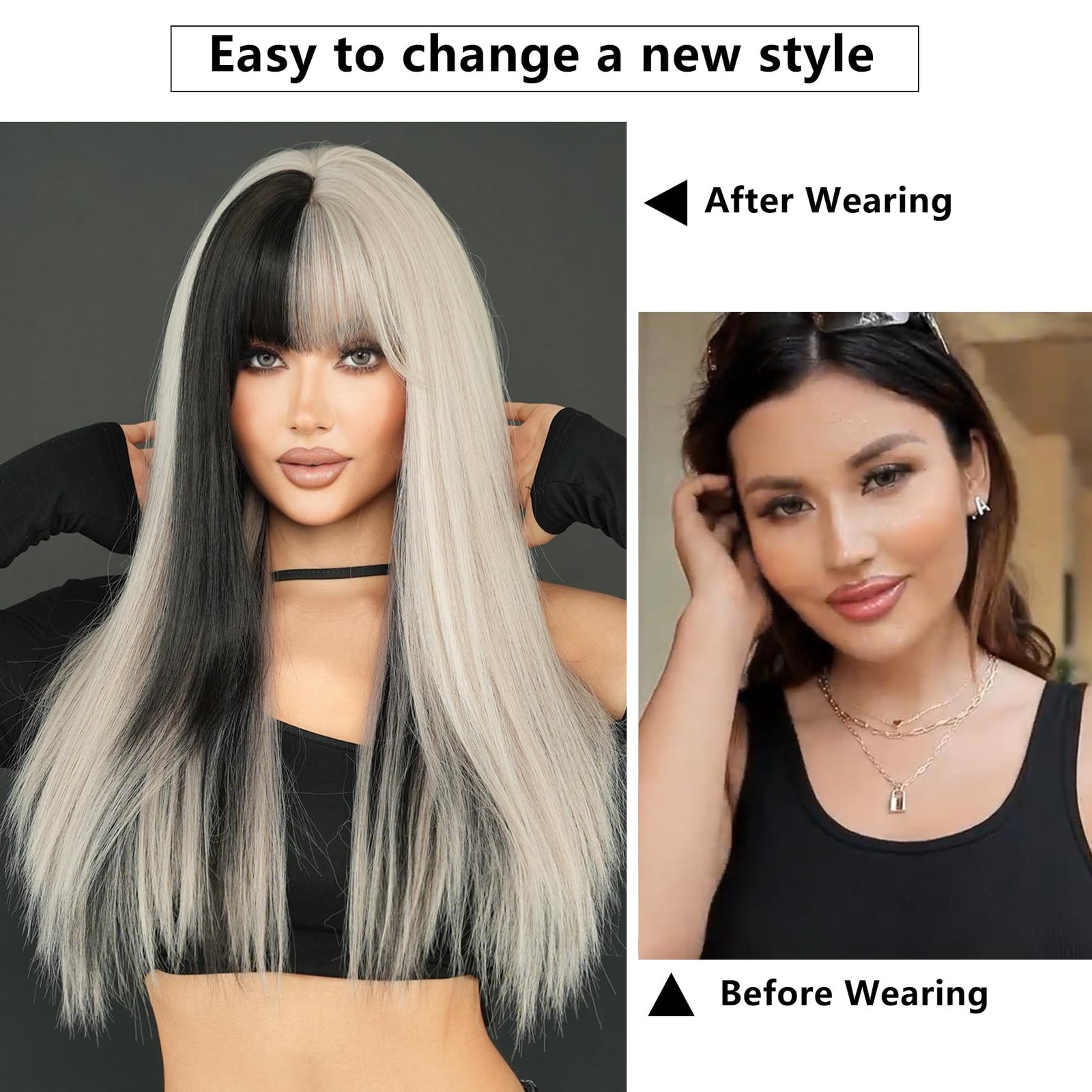 Long Straight Silver Grey Highlight Wig with Bangs 27in Natural Heat Resistan…