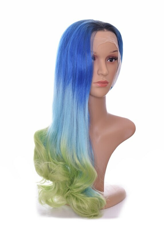 Long Wavy Aqua Marine Blue Green Ombre Lace Front Mermaid Wig. Centre Part.