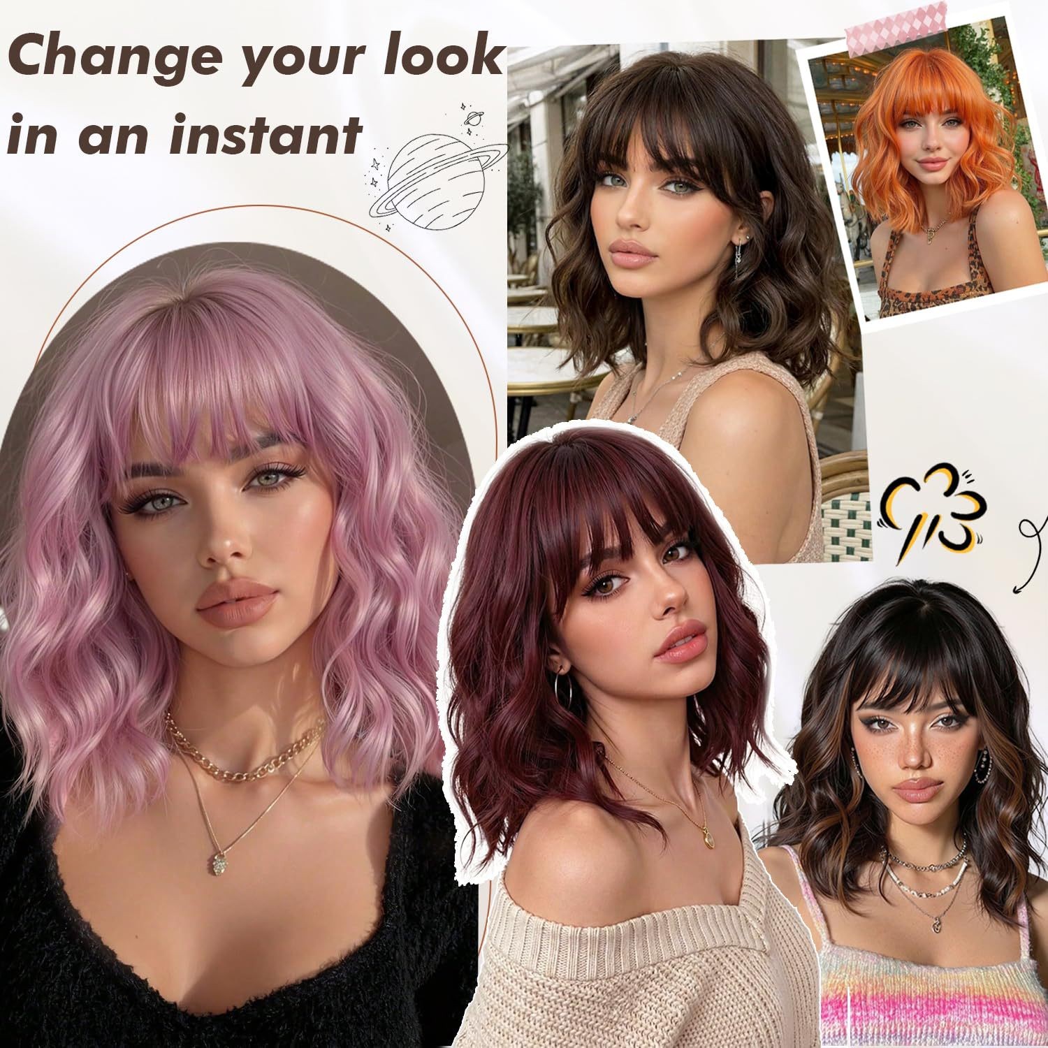 Highlight Short Water Wave Curly Wig Heat Resistant Synthetic Full Wig for Women