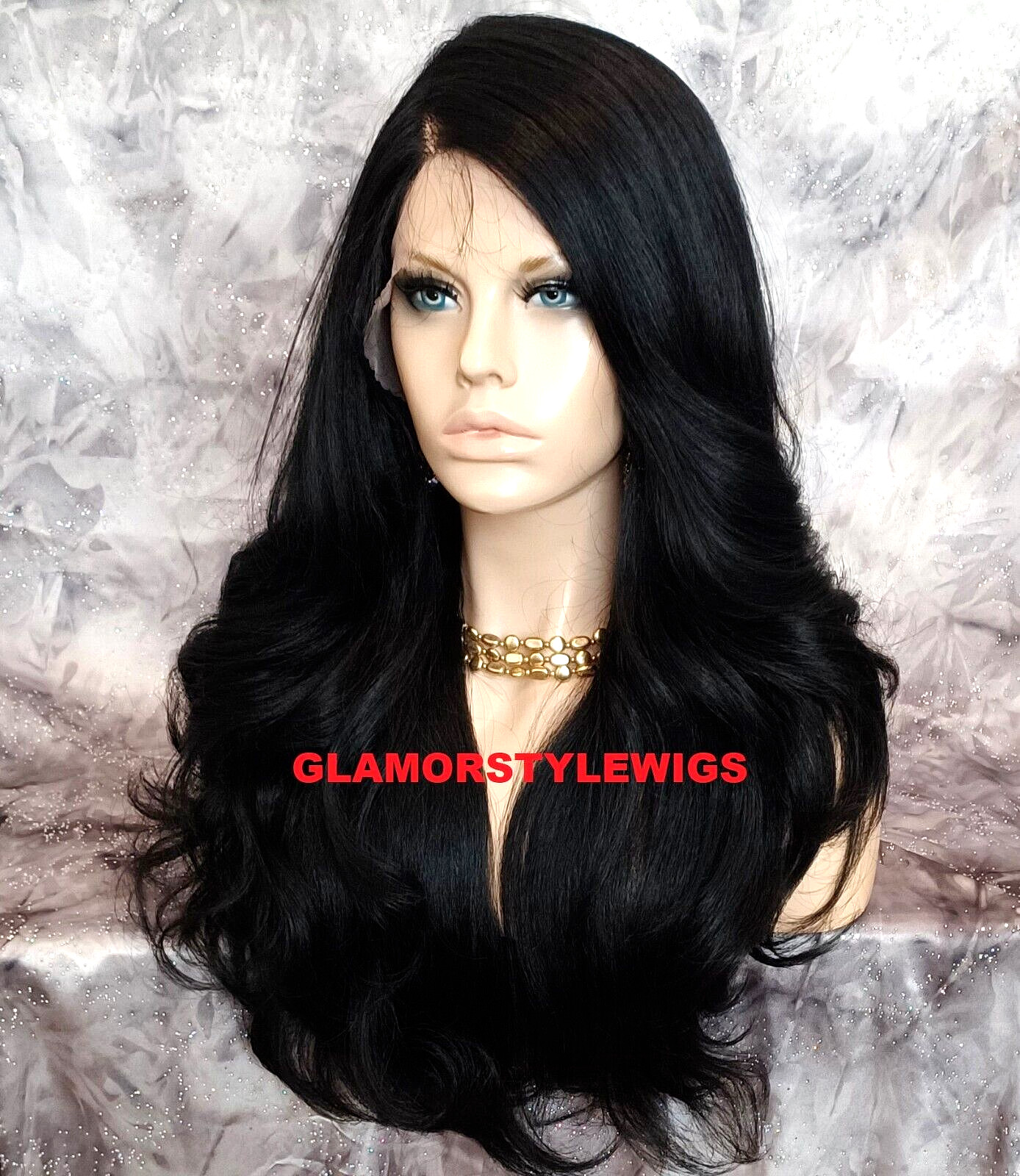 LACE FRONT FULL WIG LONG WAVY LAYERED SIDE PART OFF BLACK #1B HEAT OK NWT