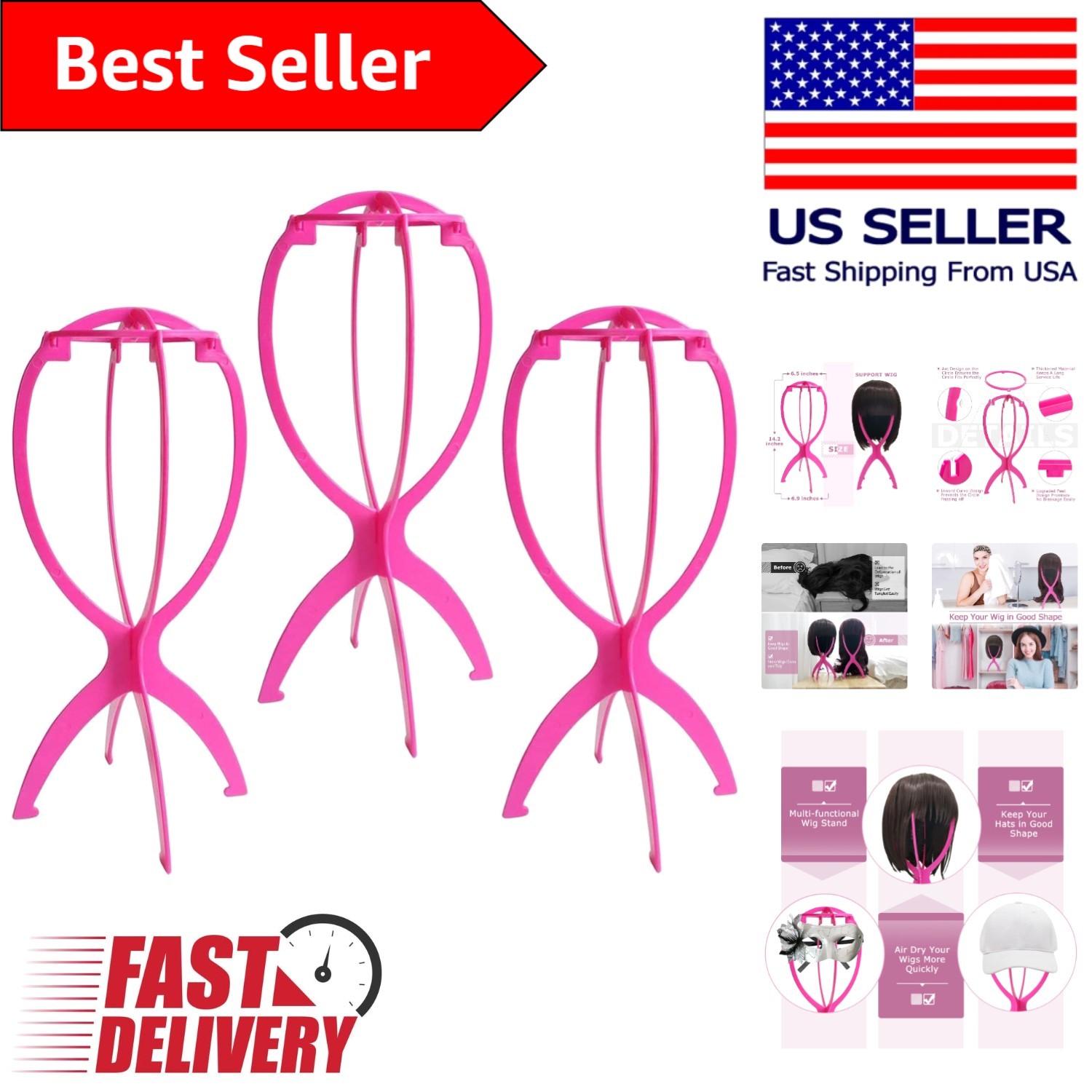 Durable Hot Pink Wig Holder – 3 Packs, Perfect for Travel & Organization