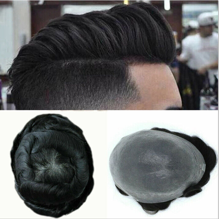 Mens Hair Replacement Thin Skin Toupee Black Grey Hairpieces PU System Wig