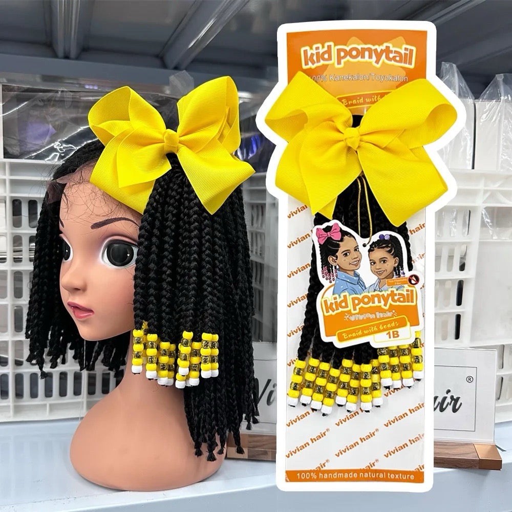 Kids Braided Ponytail Hair Extension Ponytail Clip With Bow And Beads