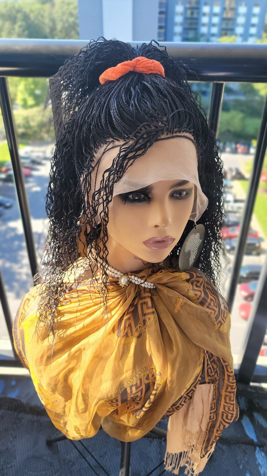 Braided Wig 16″ Micro Boho Braids Jet Black Full Lace Glueless Handmade Curly