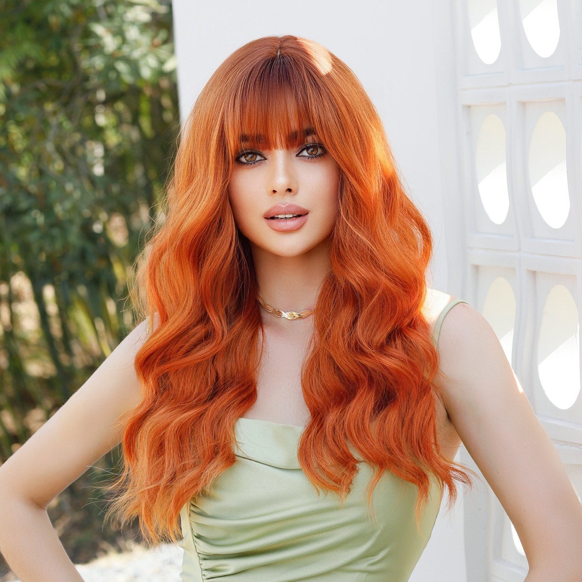 Orange wavy long curly hair with fringe hairstyle yellowish hairdo headband