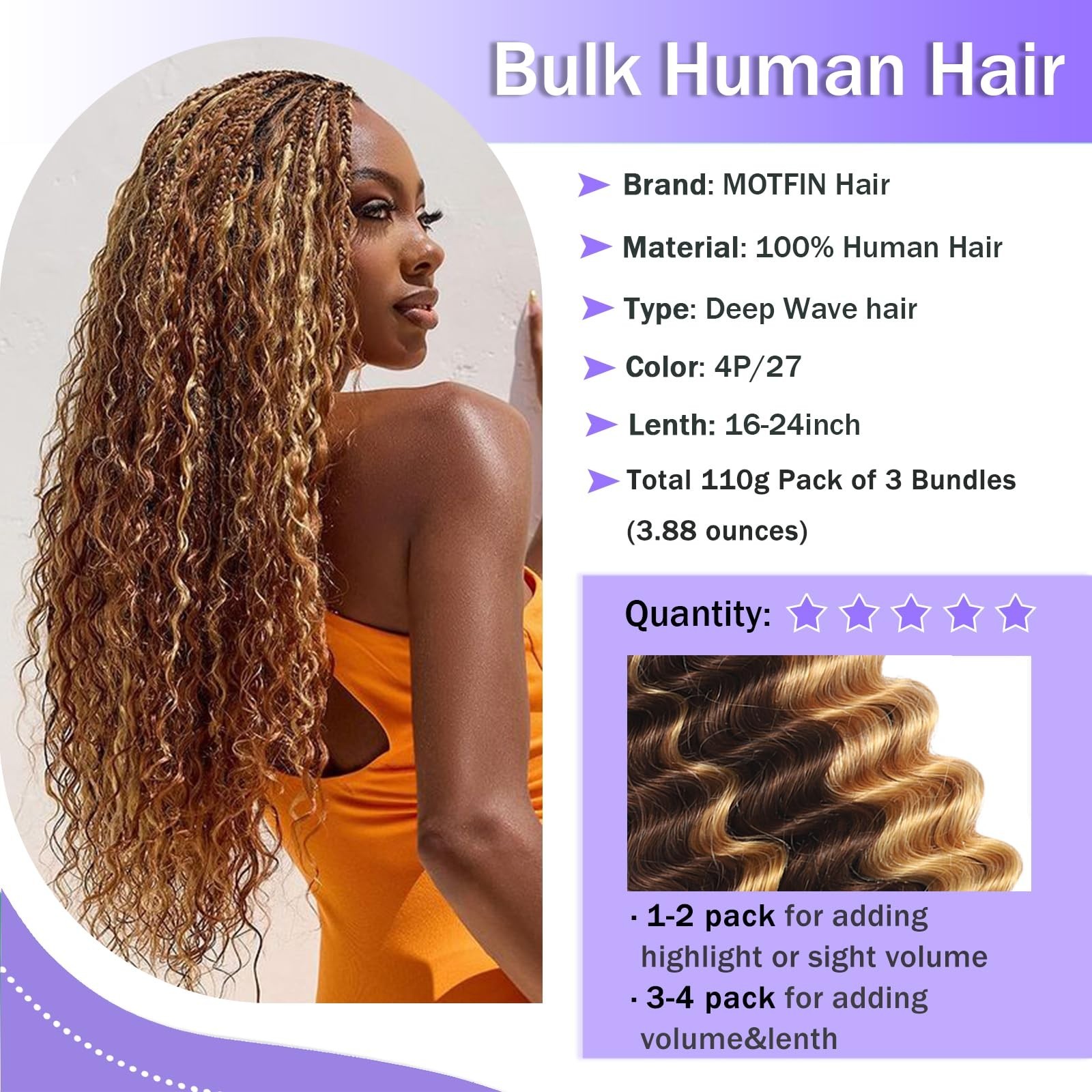 Boho Braids Human Hair 3 Bundles 110g 14″ Deep Wave Curly Knotless Bulk Hair