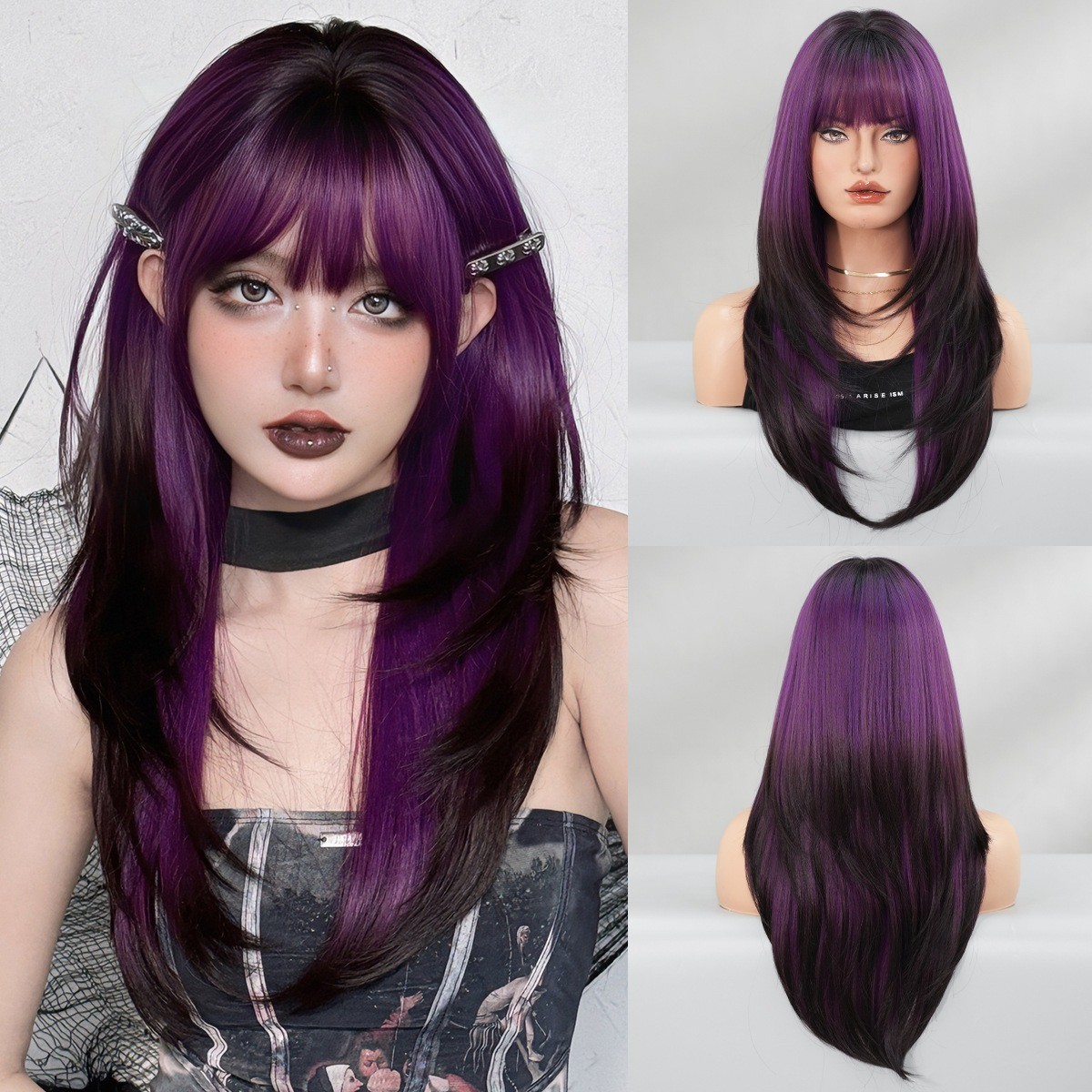Silver-white gradually darkening black long straight hair high-level wig