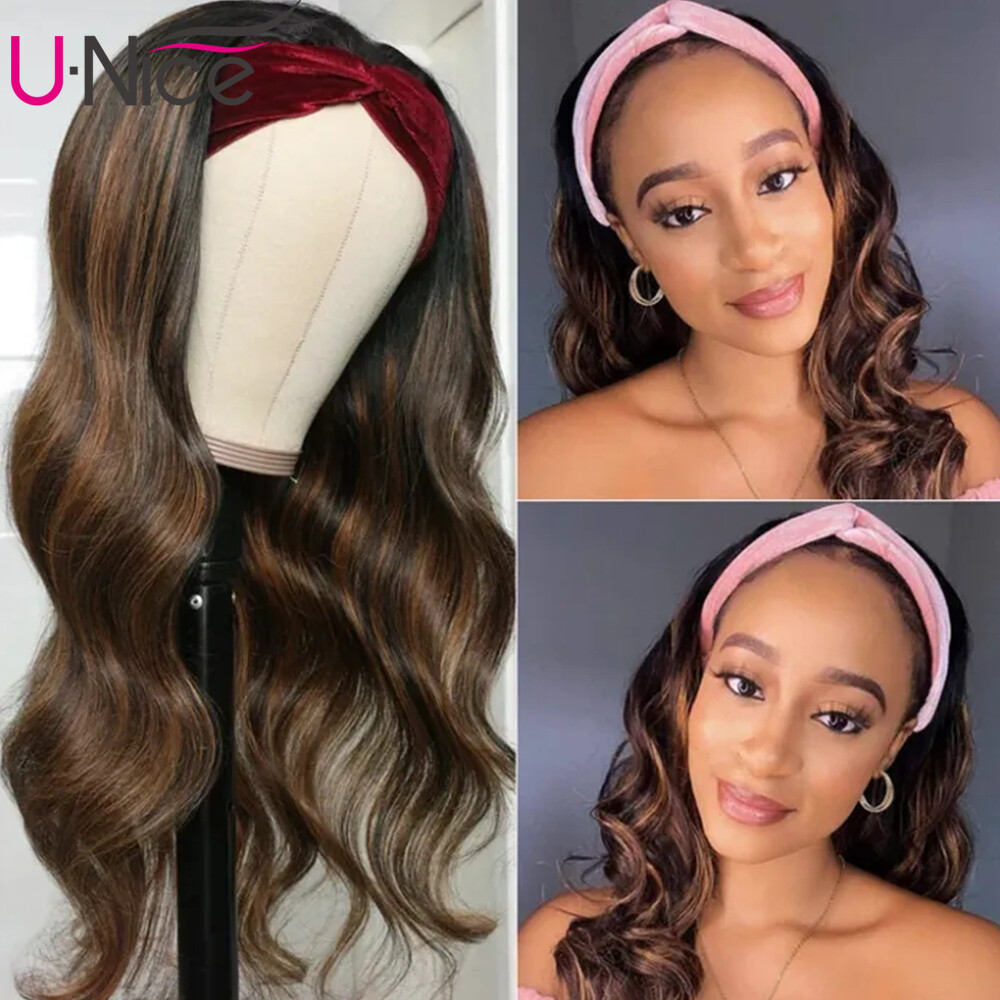 UNice Cambodian Ombre Highlight Balayage Brown Body Wave Headband Human Hair Wig
