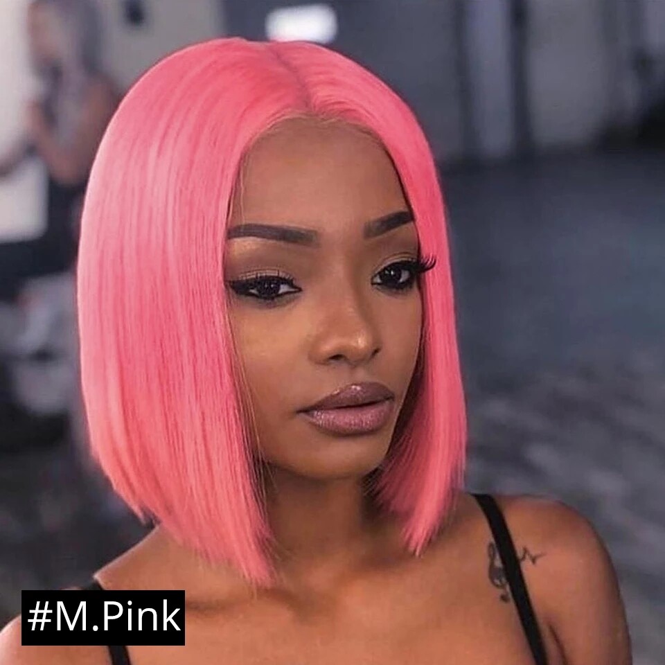 Pink Human Hair Bob Wigs 150% Density Glueless 8 Inch 13x1x4 Lace Front Wigs
