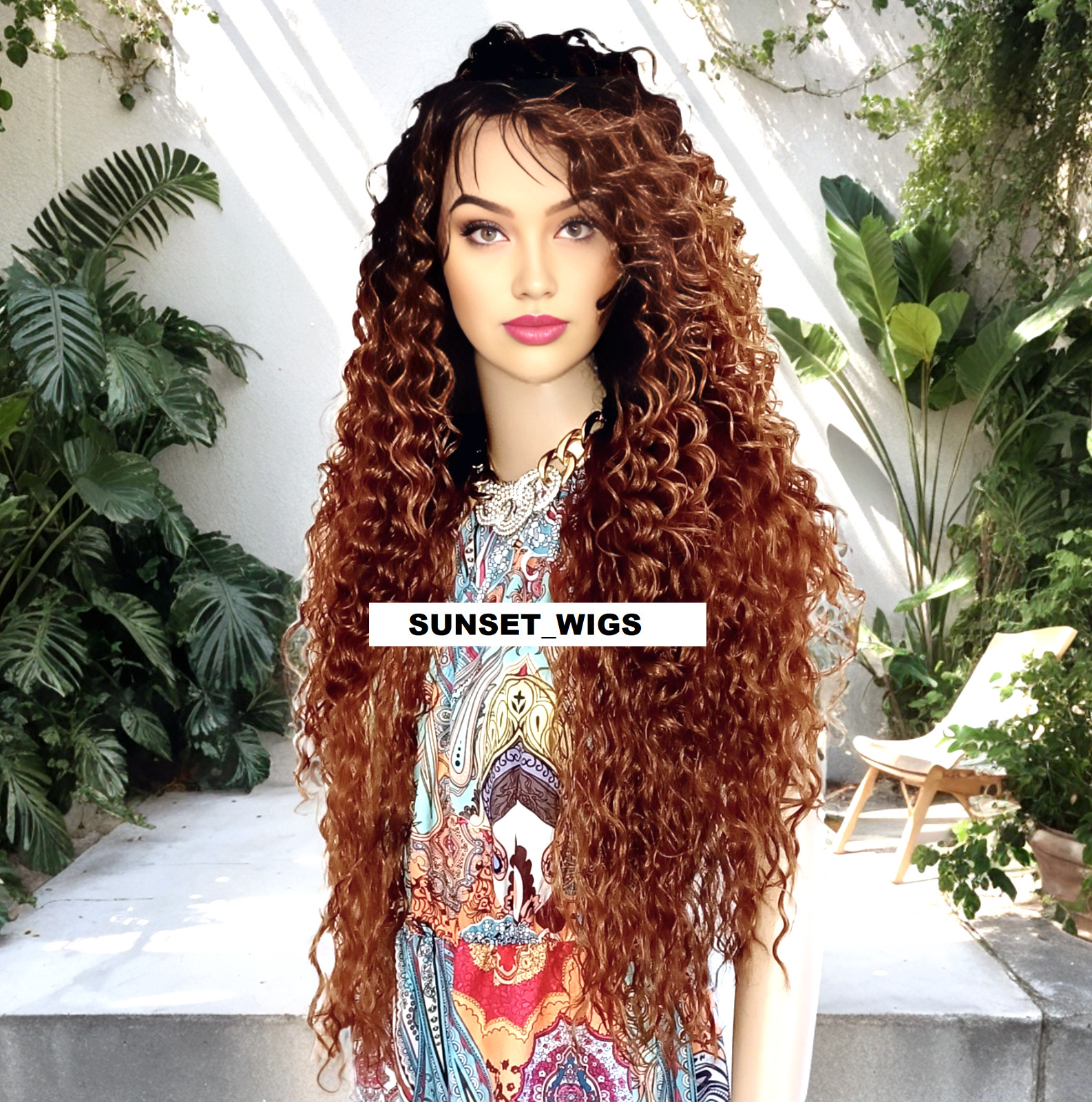 38″ FREE PART LACE FRONT WIG LONG CURLY LAYERED OMBRE BROWN AUBURN MIX