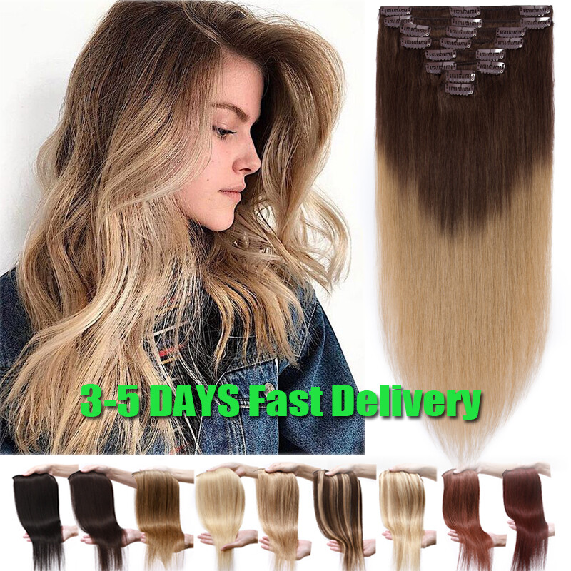 Russian Clip In 100% Human Hair Extensions Real Remy Full Head 8pcs Ombre Wefts