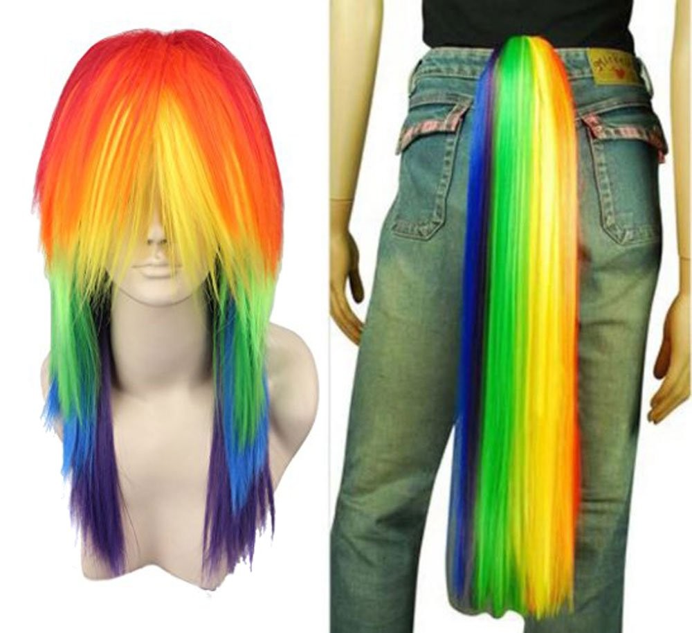 Hair Cap+ Rainbow Wig with Tail Long Straight Colorful Synthetic Wigs for Wom…
