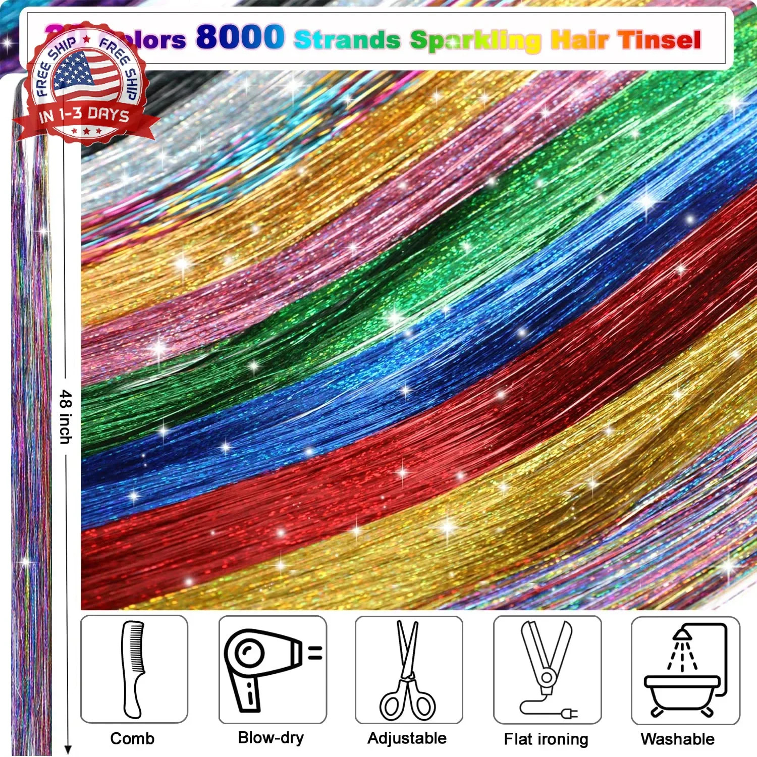 20 Colors Hair Tinsel, 48 Inch 8000 Strands Hair Tinsel Kit with Tools Fairy Hai