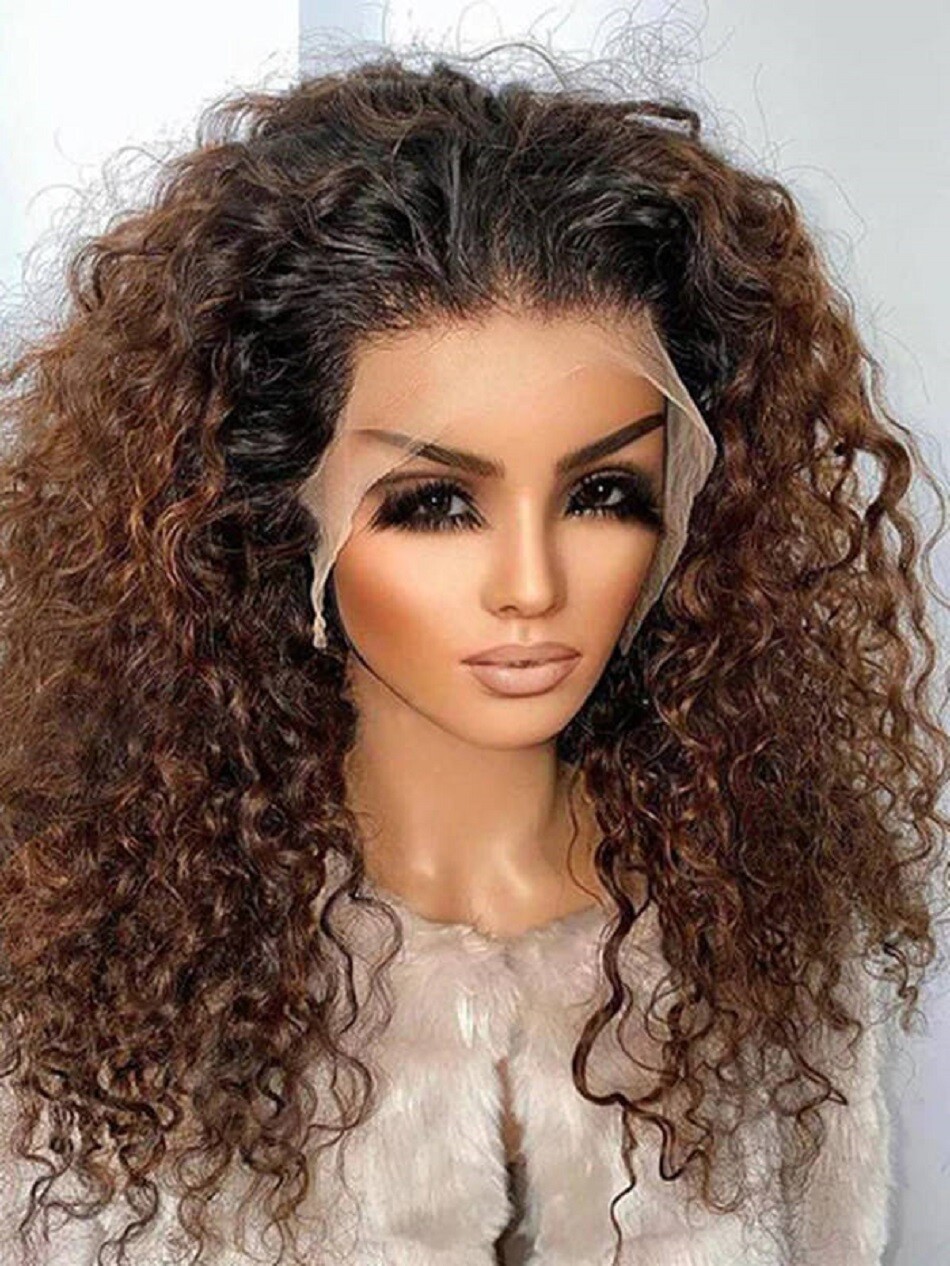 Afro Kinky Curly Ombre Brown 13X6 Lace Front Wig Glueless Brazilian Human Hair